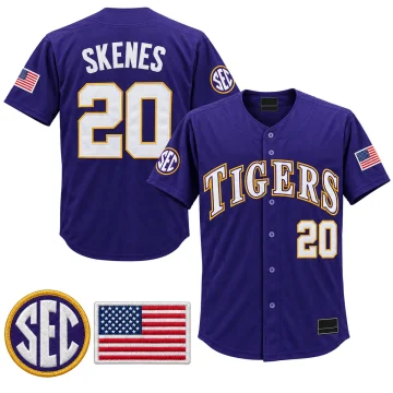 Purple LSU Tigers baseball jersey with TIGERS front lettering, Paul Skenes name and number 20 on the back, front and back views with SEC and American flag patch details