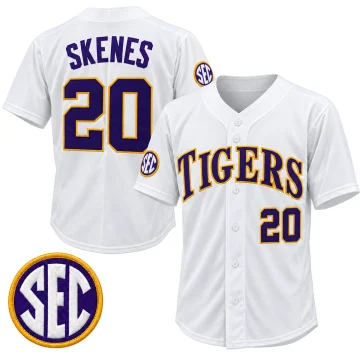 White LSU Tigers Paul Skenes number 20 baseball jersey front and back, purple-and-gold lettering and enlarged SEC patch detail