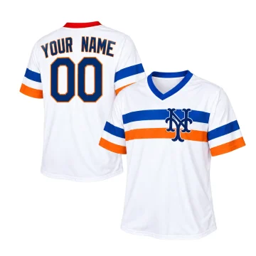 Custom New York Mets white V-neck jersey with blue orange bands and YOUR NAME 00 back, front and back views