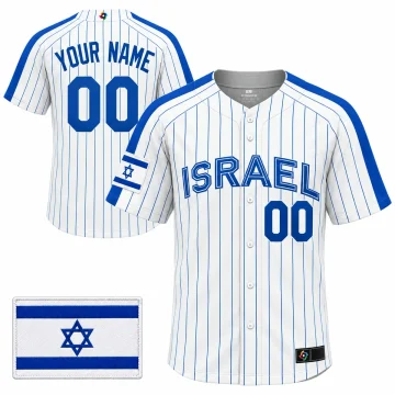 White Israel custom baseball jersey, upright front and back with blue pinstripes, YOUR NAME and 00, and an Israel flag patch insert on white.