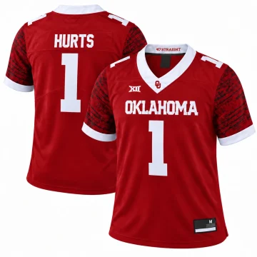 Jalen Hurts Oklahoma Sooners number 1 crimson patterned football jersey front and back
