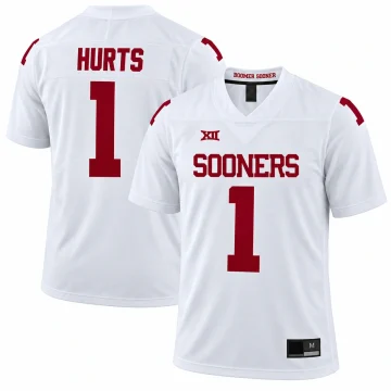 Jalen Hurts Oklahoma Sooners number 1 white football jersey front and back