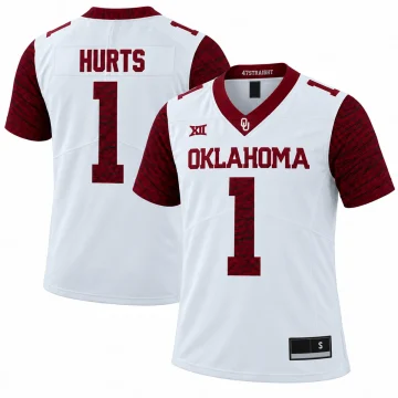 Jalen Hurts Oklahoma Sooners number 1 white patterned football jersey front and back