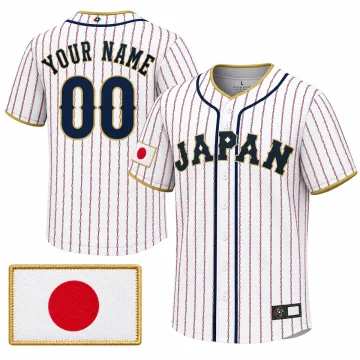 White Japan custom baseball jersey, upright front and back with red and navy rope pinstripes, YOUR NAME and 00, and a Japan flag patch insert.