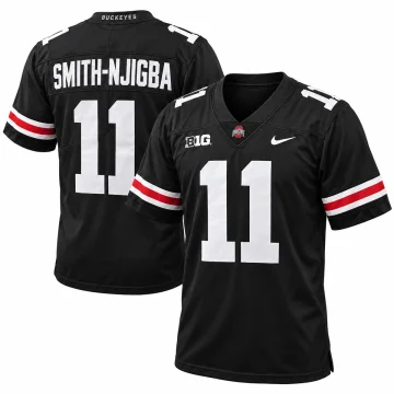Jaxon Smith-Njigba Ohio State number 11 black football jersey with red and white sleeve stripes, male form back and front views