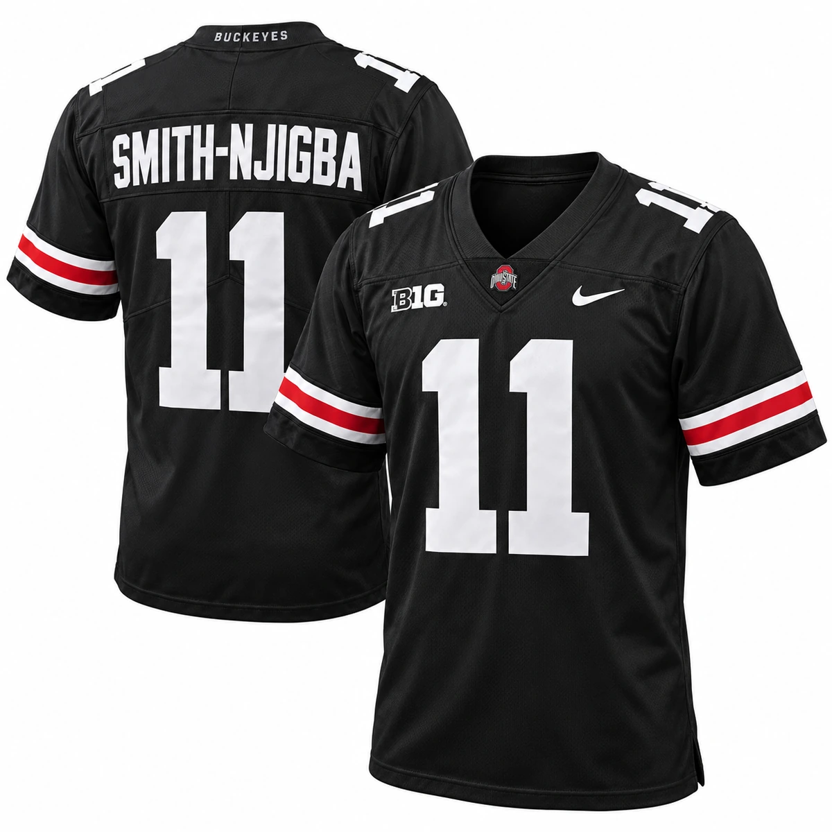 Jaxon Smith-Njigba Ohio State 11 Black MAIN Jaxon Smith-Njigba Ohio State number 11 black football jersey with red and white sleeve stripes, male form back and front views