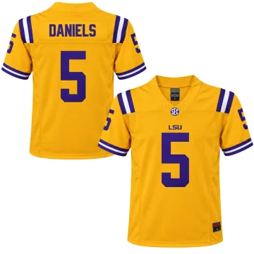Jayden Daniels LSU Tigers number 5 gold purple and white college football jersey front and back