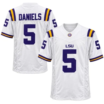 Jayden Daniels LSU Tigers number 5 white purple and gold college football jersey front and back