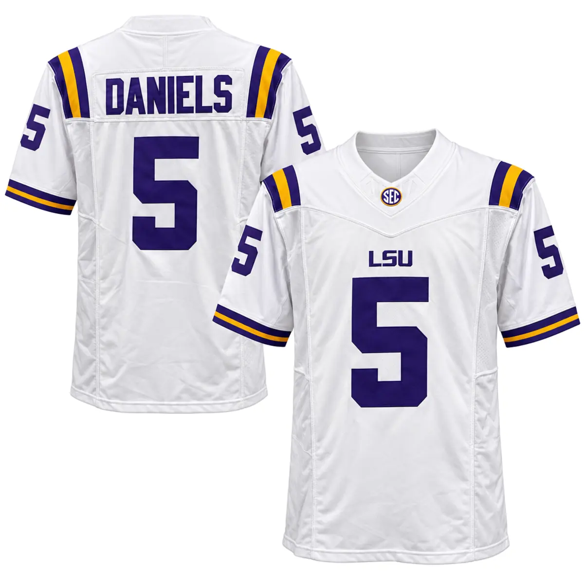 Jayden Daniels LSU Tigers #5 White College Football Jersey Jayden Daniels LSU Tigers number 5 white purple and gold college football jersey front and back