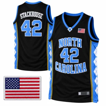 Jerry Stackhouse North Carolina Tar Heels number 42 black basketball jersey, front and back with Carolina-blue argyle side panels and a U.S. flag chest detail.