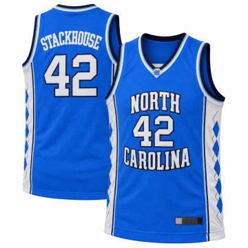 Jerry Stackhouse North Carolina Tar Heels number 42 Carolina-blue basketball jersey with white lettering and white argyle side panels, front and back.