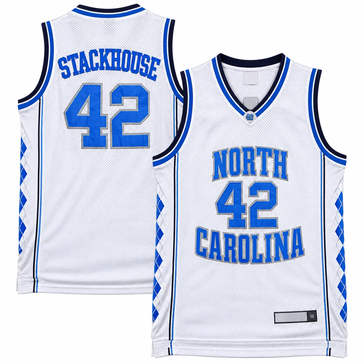Jerry Stackhouse North Carolina Tar Heels 42 White Basketball Jersey Jerry Stackhouse North Carolina Tar Heels number 42 white basketball jersey, front and back with Carolina-blue lettering, gray outlines and blue argyle side panels.