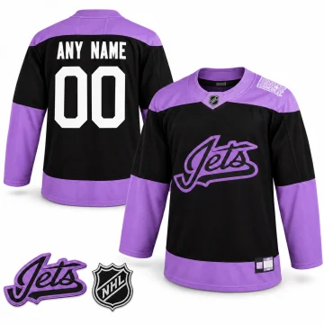 Black and purple Winnipeg Jets Hockey Fights Cancer custom jersey front and back with ANY NAME and 00, enlarged Jets and NHL patches and preserved hem tag