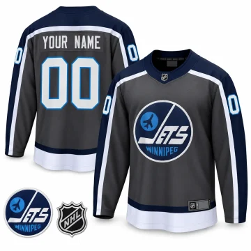 Winnipeg Jets Special Edition 2021 charcoal gray jersey front and back with blue outlined 00 numbers, Jets and NHL patches and retained hem label