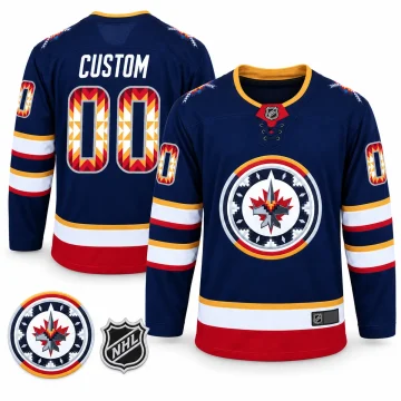 Winnipeg Jets WASAC navy jersey front and back with Indigenous crest, patterned 00 numbers, NHL patch and retained hem label