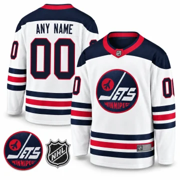 Winnipeg Jets white heritage jersey front and back, navy and red details, with Jets and NHL patch inserts