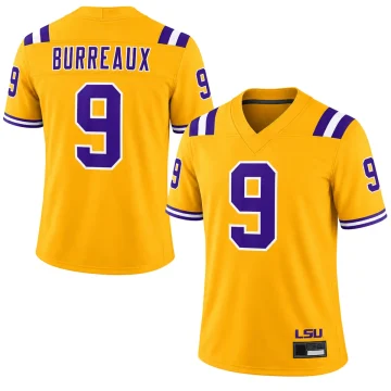 Joe Burrow LSU Tigers number 9 gold jersey with BURREAUX back name front and back