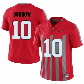Joe Burrow Ohio State Buckeyes number 10 red Elite football jersey with silver panels, front and back