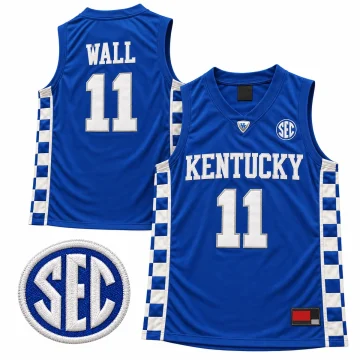 John Wall Kentucky Wildcats number 11 royal blue basketball jersey with checkerboard side panels, front and back