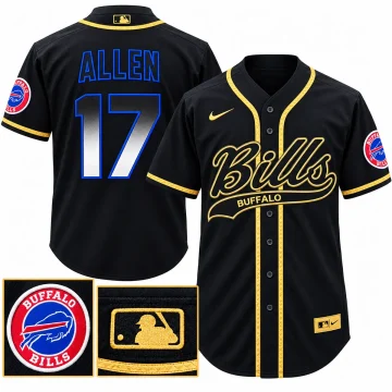 Black button-front baseball jersey with gold piping, Bills script, blue-outlined ALLEN lettering and black-to-silver gradient 17 on the back, with a round Buffalo Bills sleeve patch