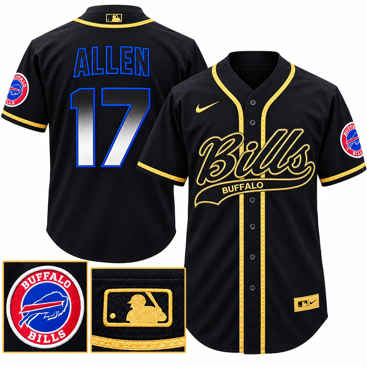 Josh Allen Buffalo Bills #17 Black Gold Blue Outline Gradient Baseball Jersey Main Black button-front baseball jersey with gold piping, Bills script, blue-outlined ALLEN lettering and black-to-silver gradient 17 on the back, with a round Buffalo Bills sleeve patch