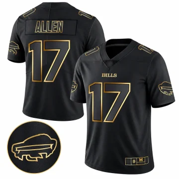 Josh Allen Buffalo Bills number 17 black and gold football jersey, front and back