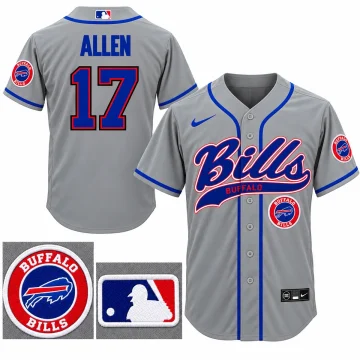 Plain gray button-front baseball jersey with blue piping, blue Bills script, a round Buffalo Bills chest patch, blue ALLEN lettering and blue 17 with red and black outlines on the back