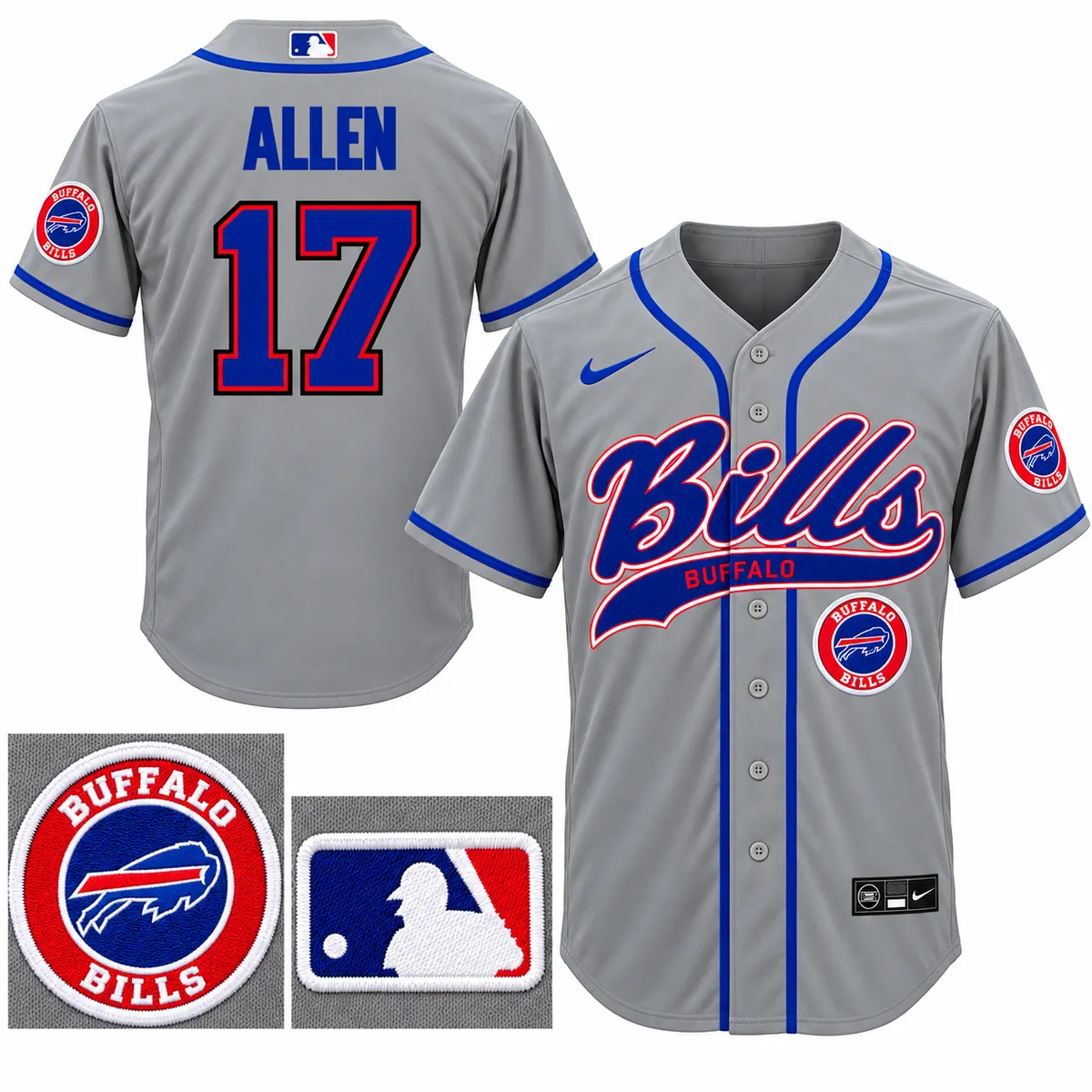 Josh Allen Buffalo Bills #17 Gray Blue Chest Patch Baseball Jersey Main Plain gray button-front baseball jersey with blue piping, blue Bills script, a round Buffalo Bills chest patch, blue ALLEN lettering and blue 17 with red and black outlines on the back