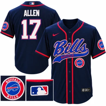 Navy button-front baseball jersey with red piping, blue Bills script, a round Buffalo Bills chest patch, white ALLEN lettering and white 17 with red and blue outlines on the back