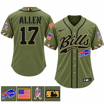 Olive button-front baseball jersey with black piping, Bills script and Buffalo chest logo, black stencil ALLEN lettering and black 17 with pale gold outlines on the back, camouflage cuffs, a U.S. flag and NFL ribbon sleeve patch