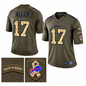 Josh Allen Buffalo Bills number 17 olive Salute to Service football jersey, front and back