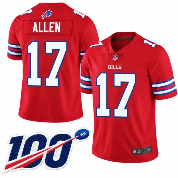 Josh Allen Buffalo Bills number 17 red 100th Season football jersey, back and front