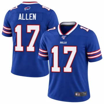 Josh Allen Buffalo Bills number 17 royal blue 100th Season football jersey front and back