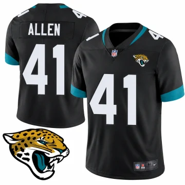 Front and back of a black Jacksonville Jaguars Josh Allen number 41 football jersey with white numbers and teal collar and sleeve trim