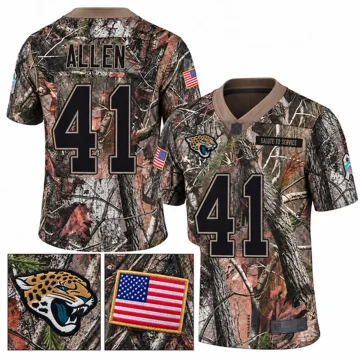 Front and back of a forest camouflage Jacksonville Jaguars Josh Allen number 41 jersey with black numbers, tan collar and US flag sleeve detail