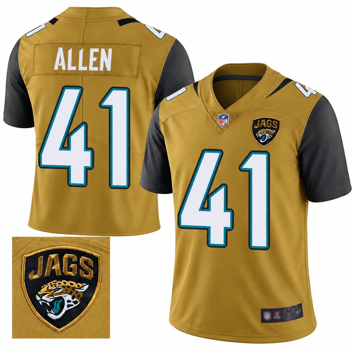 Josh Allen Jacksonville Jaguars #41 Gold Limited Rush Jersey Main Front and back of Josh Allen Jacksonville Jaguars number 41 gold Limited Rush football jersey