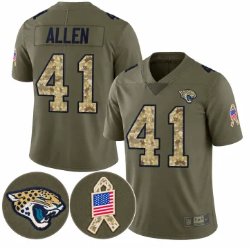 Front and back of Josh Allen Jacksonville Jaguars number 41 olive camouflage Salute to Service football jersey