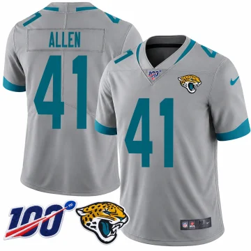 Silver gray Jacksonville Jaguars Josh Allen number 41 football jersey with teal ALLEN lettering and numbers, an NFL 100 collar badge and a Jaguars chest logo
