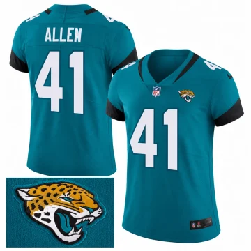 Teal Jacksonville Jaguars Josh Allen number 41 jersey with white numbers, ALLEN back lettering, black collar and cuff trim and a Jaguars chest mark