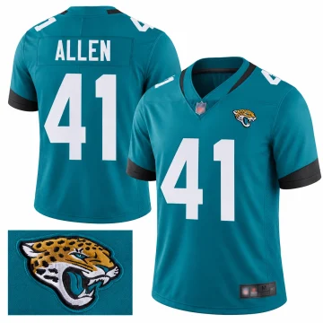 Teal Jacksonville Jaguars Josh Allen number 41 jersey with plain white numbers, ALLEN back lettering, black sleeve bands and a Jaguars chest mark