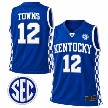 Karl-Anthony Towns Kentucky Wildcats number 12 royal blue checkerboard basketball jersey, front and back