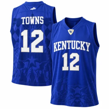 Karl-Anthony Towns Kentucky Wildcats number 12 royal blue tonal graphic basketball jersey, front and back