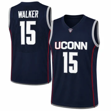 Kemba Walker UConn Huskies number 15 navy basketball jersey with red piping and tonal basketball net back graphic, front and back