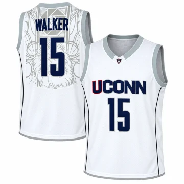 Kemba Walker UConn Huskies number 15 white basketball jersey with gray trim, black piping and tonal basketball net and husky back graphic, front and back