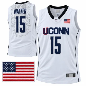 Kemba Walker UConn Huskies number 15 white tonal basketball jersey with flag patch detail, front and back