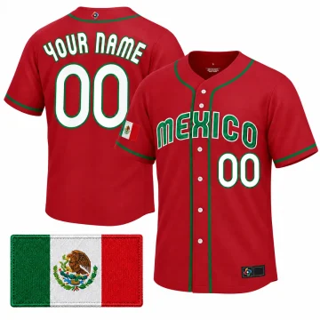 Red Mexico custom baseball jersey, upright front and back with green piping, YOUR NAME and 00, and Mexico flag patch insert on white.