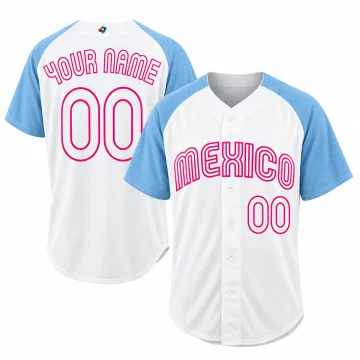 Mexico white and sky blue custom baseball jersey, upright front and back, pink outline MEXICO, YOUR NAME and 00 on a white background.