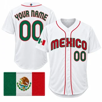 White Mexico custom baseball jersey, front and back with red piping, YOUR NAME and 00, with a Mexico flag patch insert on a white background.