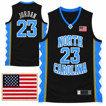 Michael Jordan North Carolina number 23 black basketball jersey with white JORDAN back name, blue and white argyle sides and gold piping, front and back