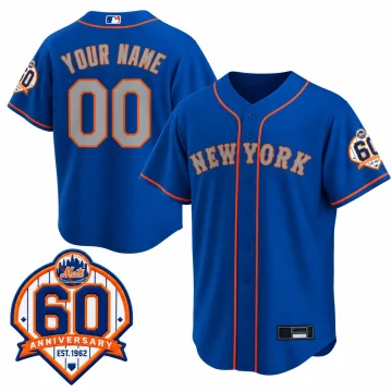 Royal New York Mets 60th anniversary custom baseball jersey, front and back with YOUR NAME 00 and sleeve patch.